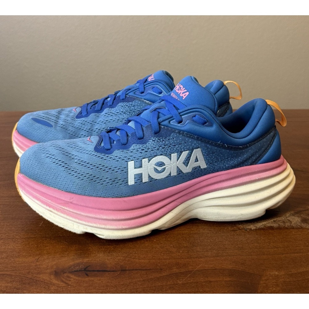 Hoka One One Bondi 8 Womens Size 9.5B Blue Pink Athletic Running Shoes Sneakers